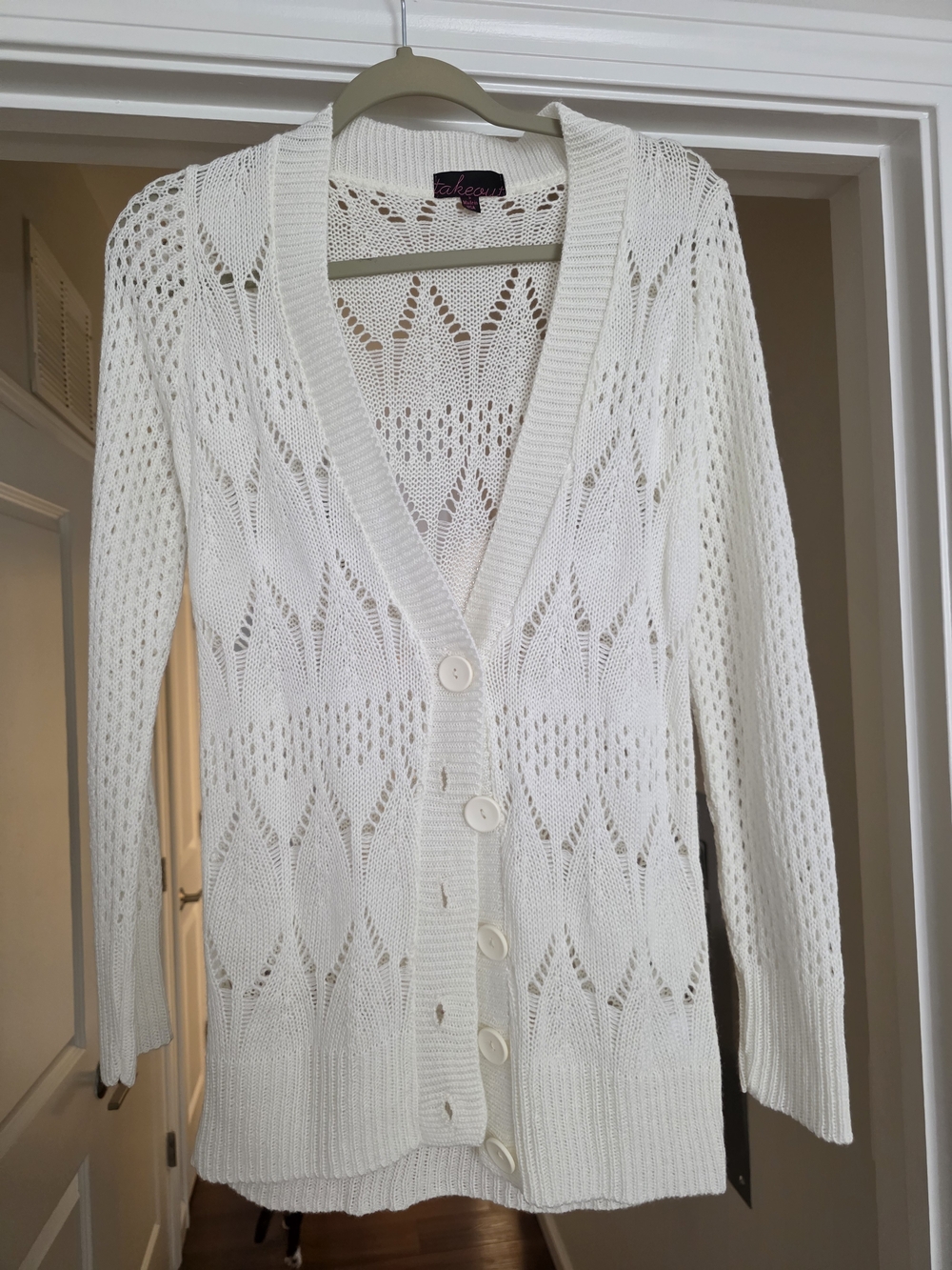 take out White Open-Weave Button Front Cardigan